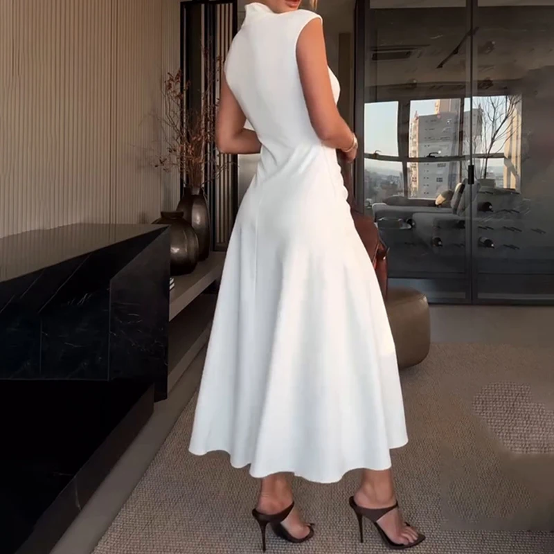 エレガントなハーフハイネックノースリーブロングドレスファッションドレープソリッドカラー気質ドレス女性カジュアルスリムスイングパーティードレス