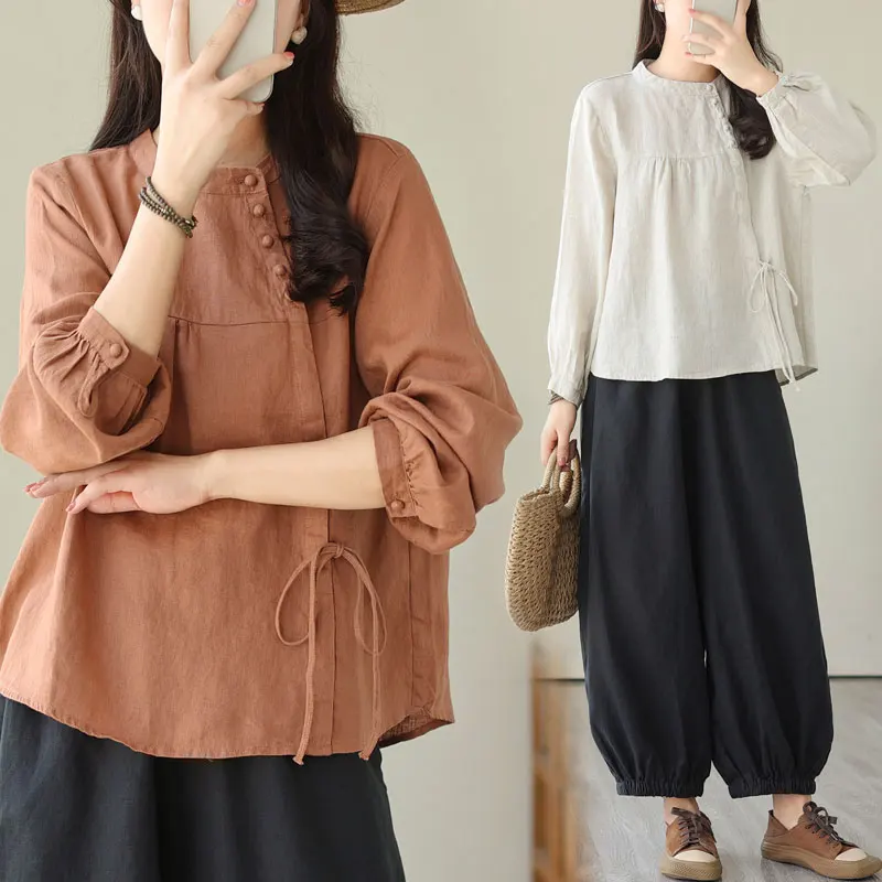 

Retro Artistic Cotton Linen irt Women's Loose Tie Slimming Top Stand Collar Side Buttoned New Sle Autumn Collection
