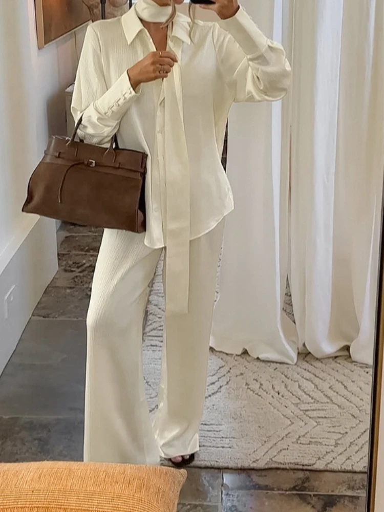 Modisches Zweiteiler-Set für Damen, Frühling-Herbst-Outfit, Einfarbiges Hemd mit Umlegekragen und Langen Ärmeln & Lässige Alltagshose