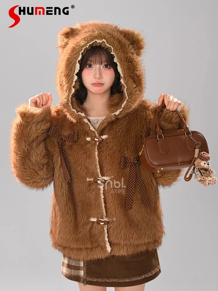 أزياء حلوة لطيف فتاة الدب هوديي معاطف واحدة الصدر فضفاضة تنوعا Kawaii سميكة أفخم سترات قصيرة للنساء الشتاء #1