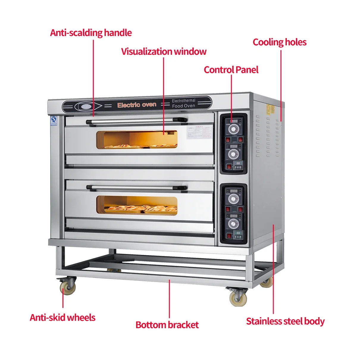 معدات تقديم الطعام التجارية فرن البيتزا، فرن متعدد الوظائف بأربعة صواني من طبقتين، مناسب للمخابز والمقاهي