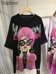 European Goods Hot Drilling T-shirt Female Fashion Cartoon Loose Mid-Length Short Sleeve Round Neck Top Summer Women Clothing