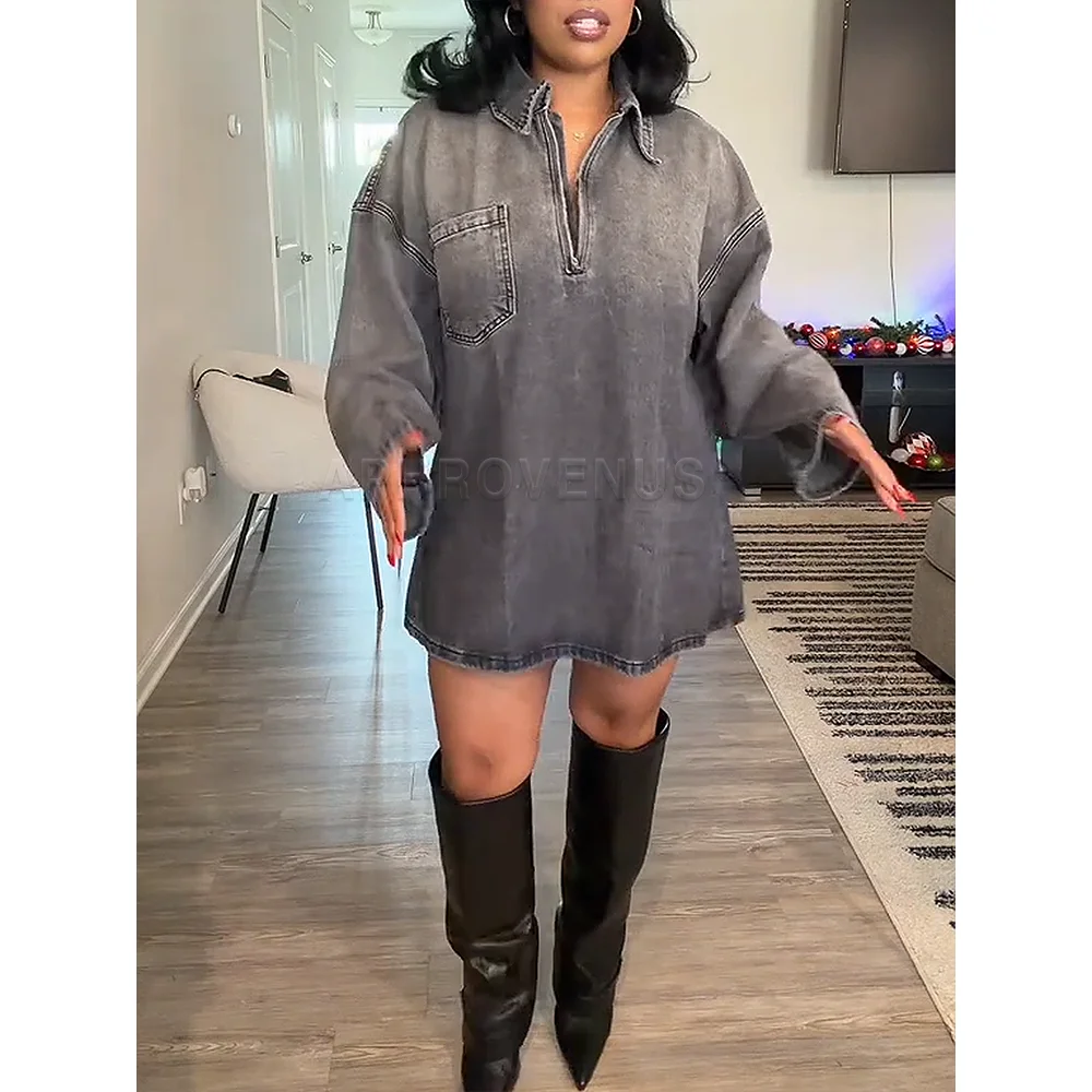 Stylish Collared Loose Denim Dress Women Casual Lapel Down Jean Dress Vintage Loose Fit A Line Midi Dresses Fashion Streetwear - view 6