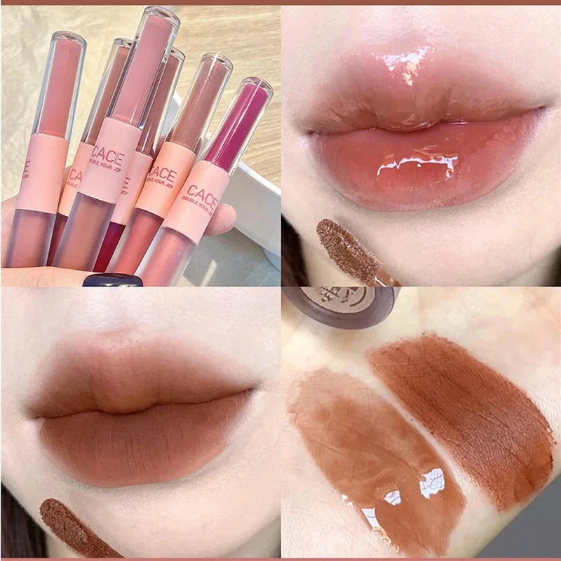 1pc Doppelkopf wasserdicht Lip gloss matt Samt Lip gloss lang anhaltende Lippen Glasur sexy rote Tönung flüssigen Lippenstift Make-up