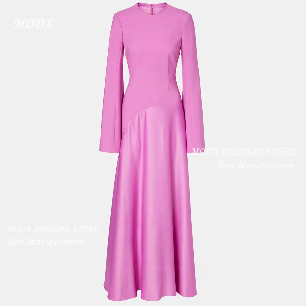 MODX Chic Pink Evening Gown Round Neck Long Sleeve Patchwork Flared Hem Satin Maxi Formal Dress Slim Fit Vestidos De Fiesta
