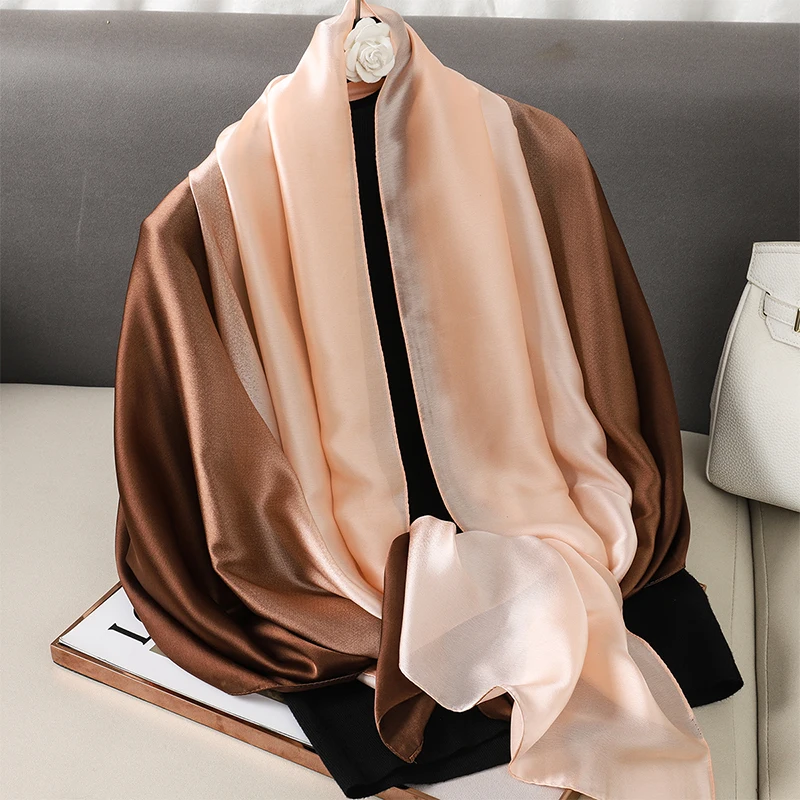 Luxury Gradient Silk Scarf Women Brand Solid Femme Shawls Wraps Bandana Head Foulard Fashion Lady Hijab Wedding Poncho 2023