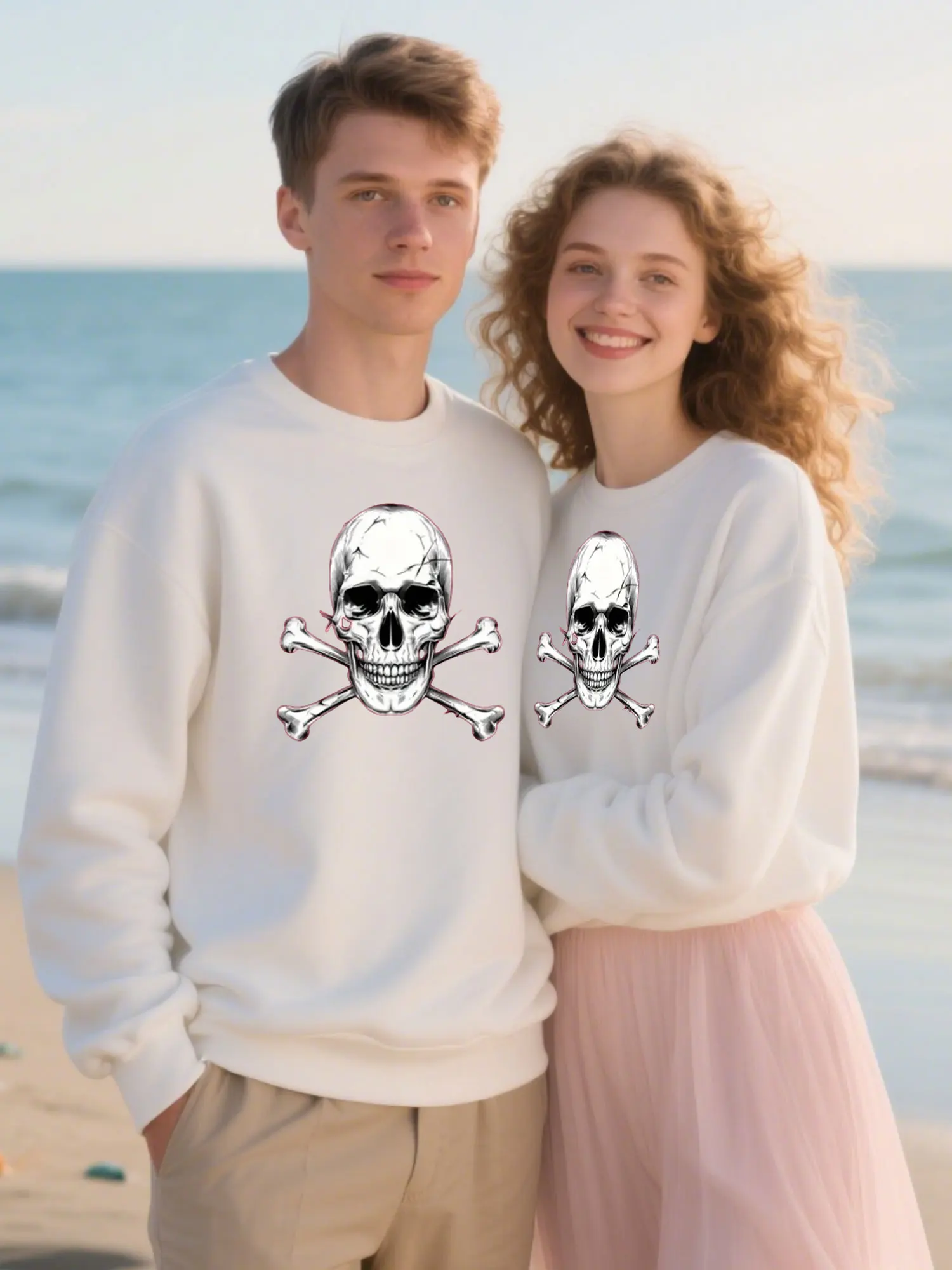 Classic Comfort Crewneck Sweatshirt With Skull And Crossbones Graphic Print, Unisex Birthday Gift Essential