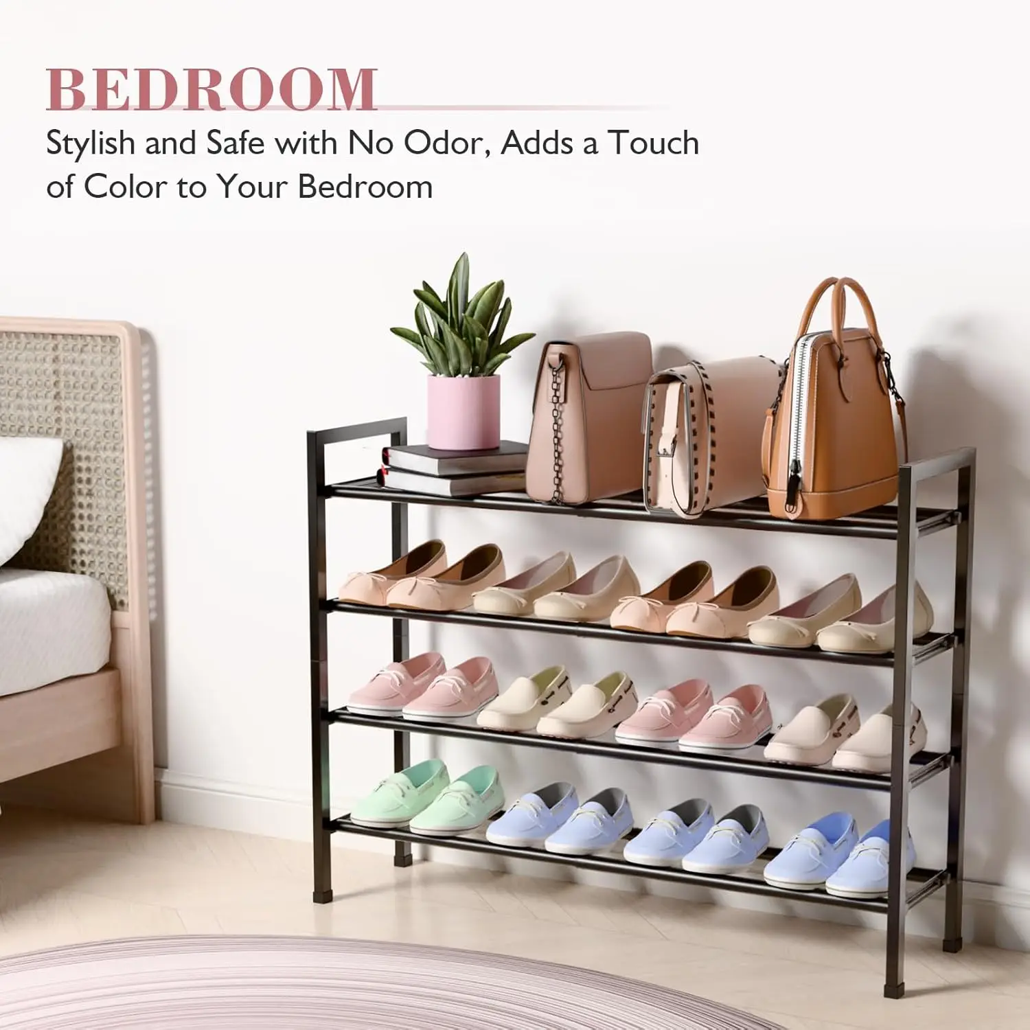 4-Tier Expandable Shoe Rack for Closet, 18“-33” Adjustable Shoe Rack for Small Space, Small Shoe Organizer for Front Door