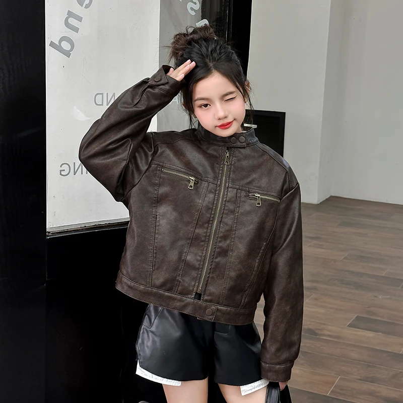 Girls Leather Jacket Faux Rabbit Fur Lining Children Autumn Winter Stand Collar Kids PU Leather Zipper Boys Coats 2026 New
