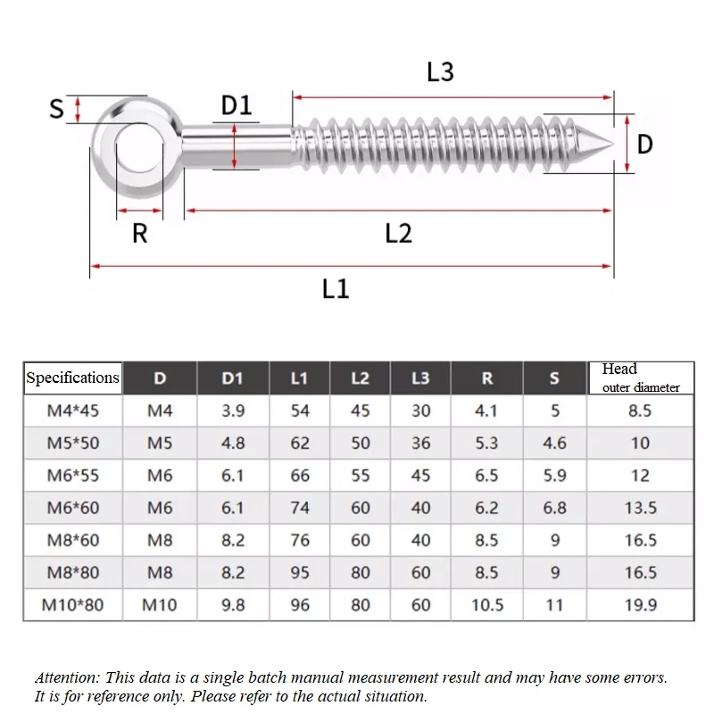 M4/M5/M6/M8/M10 316 Stainless Steel Eye Shape Screws Wood Terminal Ring Eyelet Hooks Self Tapping Wire Rope Accessories Screws