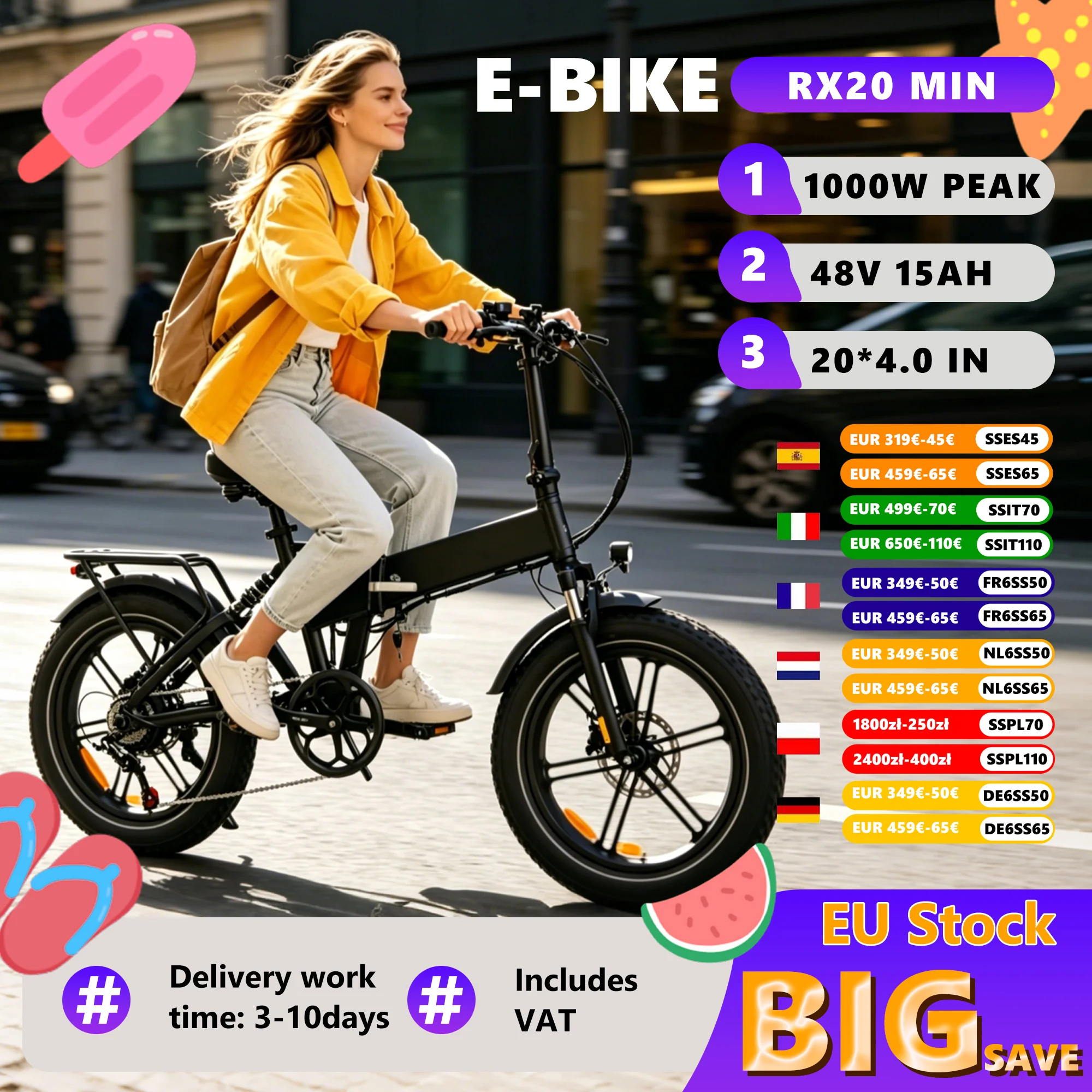 Vélo électrique 20 pouces, vélo électrique pliable à double suspension, eBIKE Step Stru, 48V 15AH, freins hydrauliques, vélo électrique PEAK 1000W, VTT électrique, vélo électrique pour trajets