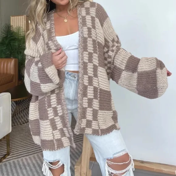 Fashion Women Checkerboard Knit Cardigan Open Front Long Lantern Sleeve Loose Fall Winter Casual Daily Street Outfit Outerwear