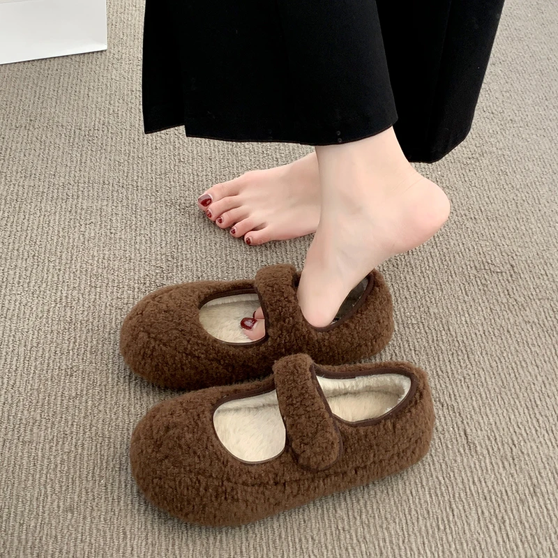 2025 Autumn Winter New Lamb Wool Women's Shoes Vintage Fashion Solid Color Round Toe Warm Flats Trend Casual Cotton Shoes