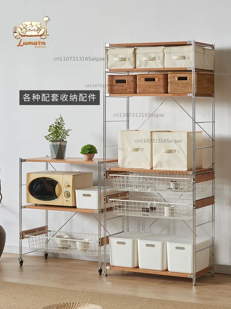 Japanese-style solid wood kitchen appliance rack floor-to-ceiling multi-layer stainless steel display storage rack