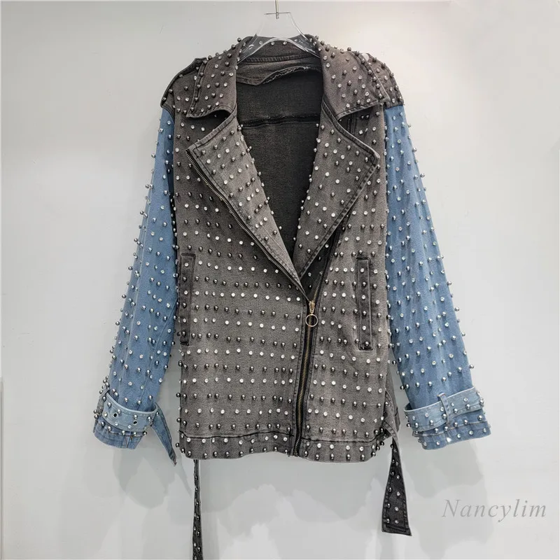 

2024 Autumn Denim Coat for Women New Heavy Industry Rivets Loose All-Matching Suit Collar Jacket Street Fashionable Zipper Top