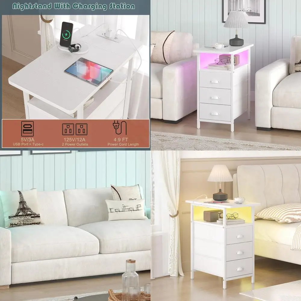 

Современный светодиодный торцевой столик с USB-портами, розетками и 3 ящиками для небольших помещений, белый