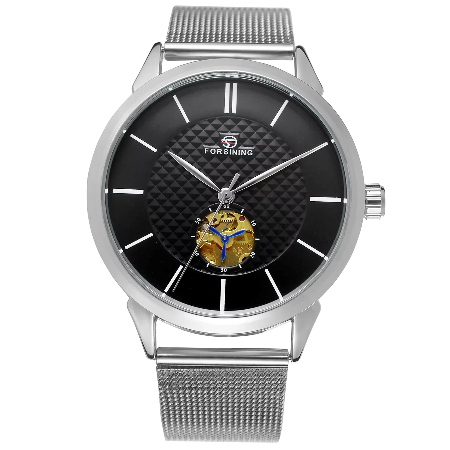 FORSINING Black watch Pin scale mechanical watch Circular mesh strap Wrist watch White men's and women's watch