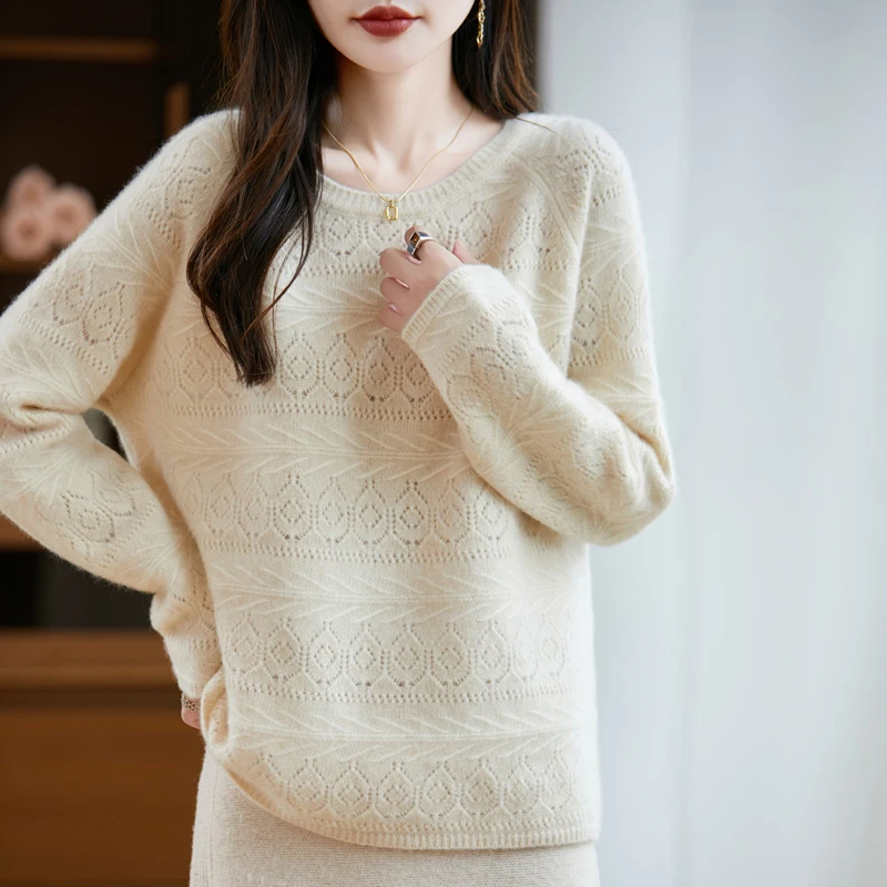 

100% Wool Lightweight Round Neck Raglan Hollow-Out Women's Pullover, Elegant and Breathable, Multiple Colors Available