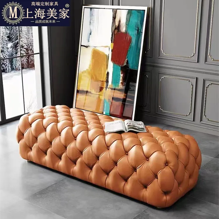 

American light luxury orange leather shoe change stool cloakroom stool clothing store sofa stool bench cowhide buckle pedal