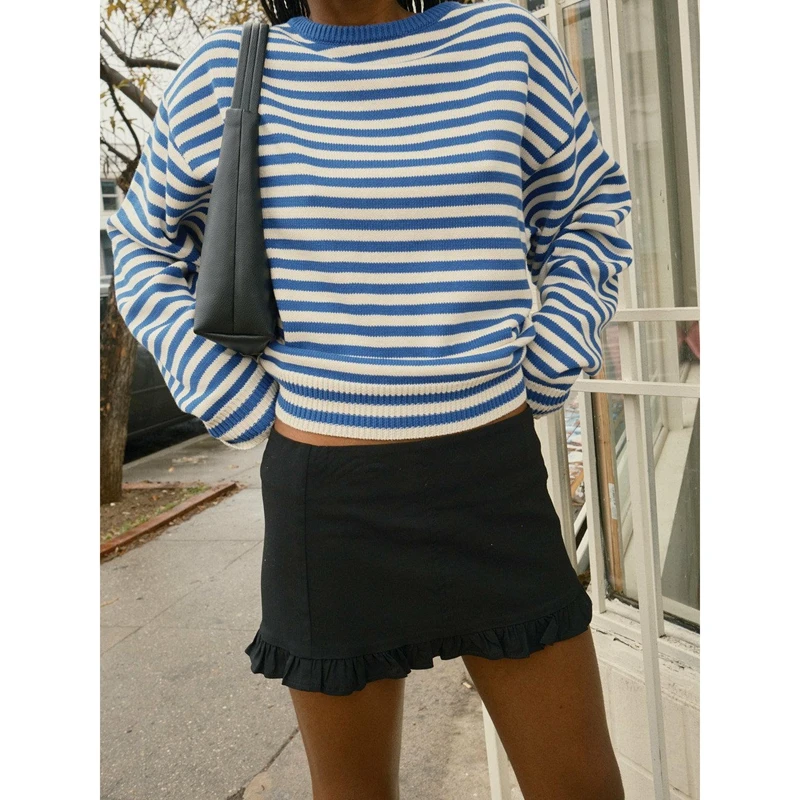 

Combhasaki женские полосатые трикотажные пуловеры для регби Y2K негабаритные вязаные джемперы с круглым вырезом в стиле преппи 80-х годов винтажный свитер с длинными рукавами