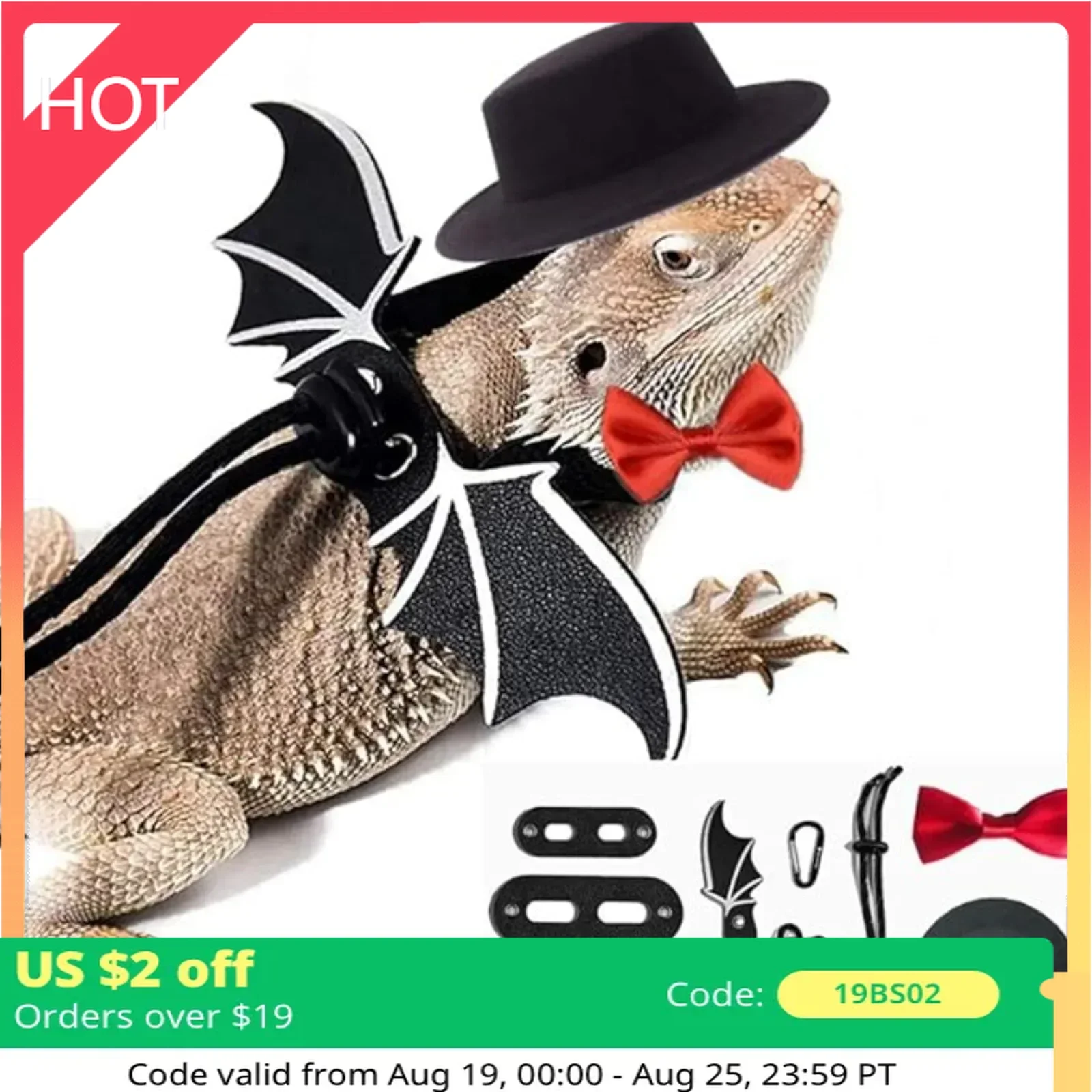 Valentine's Day Lizard Leash Set - Bearded Dragon Valentine's Day Hat + Bow Tie + 3-Pack Bearded Dragon Iguana Reptile Leash