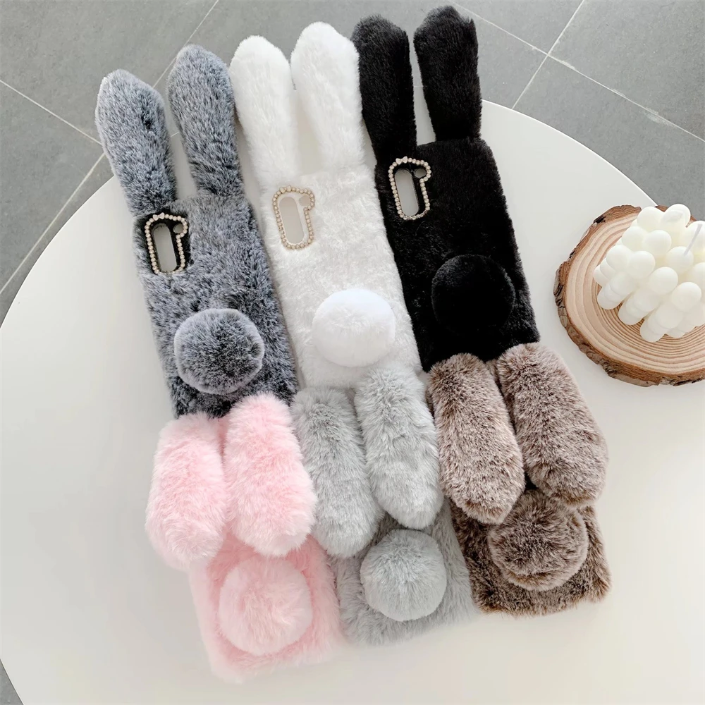 Soft Fur Phone Case For Samsung Galaxy A55 A35 A25 A15 A54 A34 A24 A14 A73 A53 A33 A23 A13 Furry Rabbit Bunny Warm Plush Cover