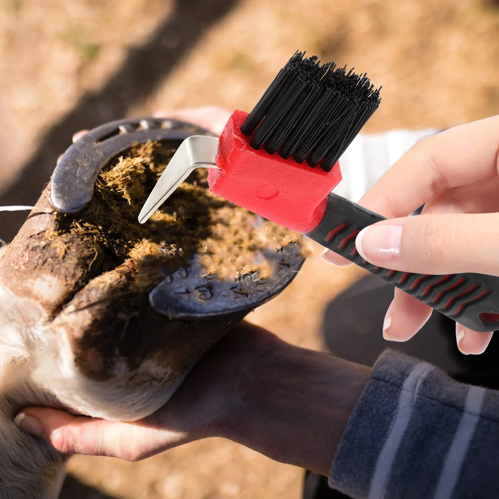 Efficient Horse Hoof Care Tool Stainless Steel Pick and Bristle Brush Comfort Handle for Grooming and Maintenance