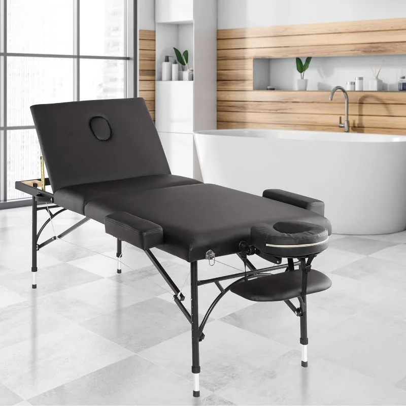 Professional Portable Lightweight Tri-Fold Massage Table with Aluminum Legs Includes Headrest Face Cradle Armrests and Carrying