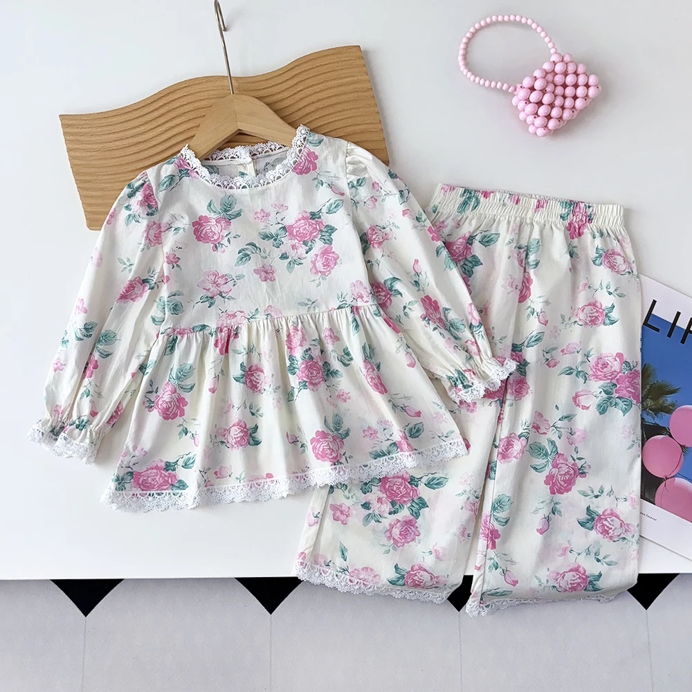 

Autumn 100% Cotton Children's Wear Flower Print Long Sleeved Round Neck Pleated Top+Wide Leg Pants Girls' Pink Clothing
