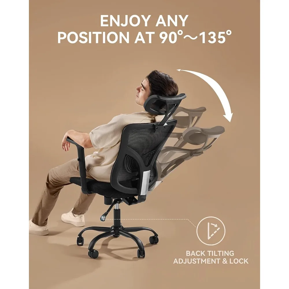 Silla ergonómica de escritorio con soporte Lumbar ajustable de 2 pulgadas, reposacabezas, reposabrazos 2D, mecedora de 135 °