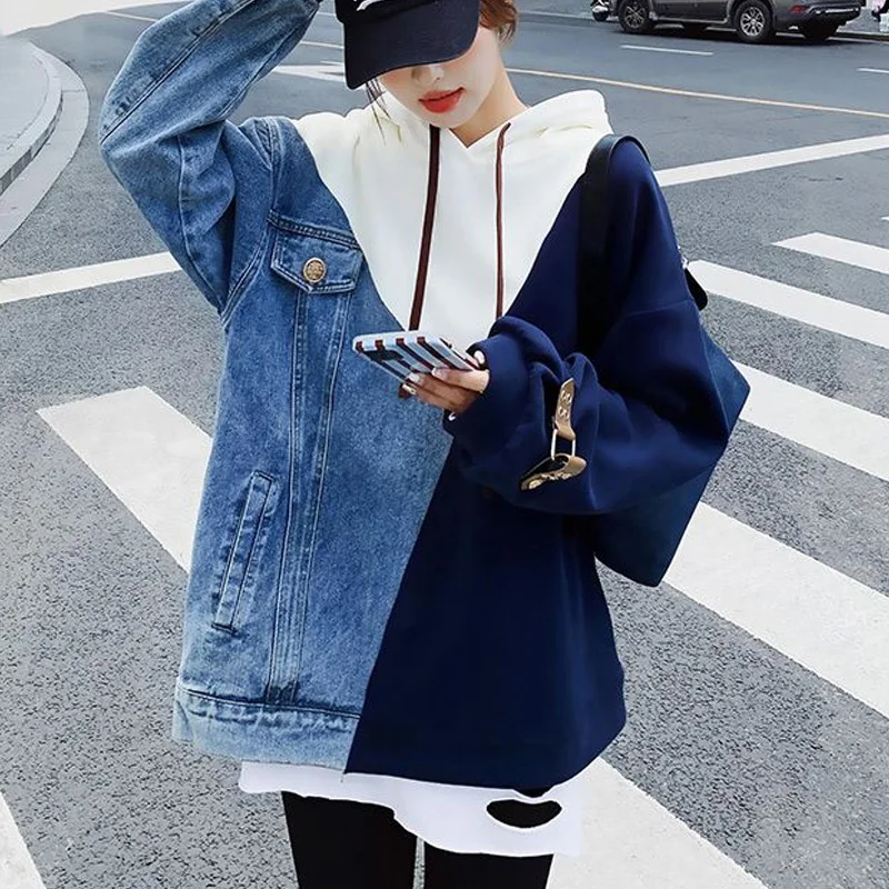 Spring Autumn New Contrast Color Patchwork Hoodies Women High Street Long Sleeve Loose Pullovers Korean Style Mid-length Tops