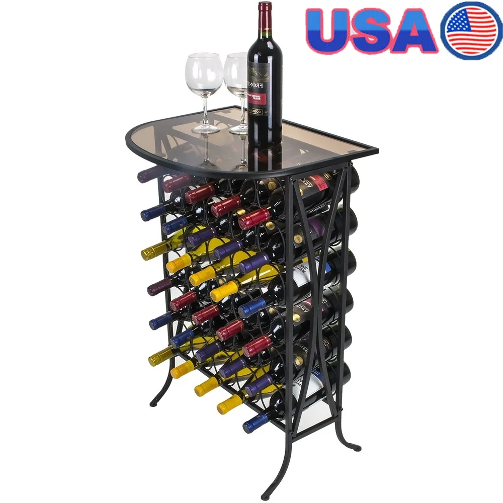 

Elegant Glass Top Wine Rack Table Holds 30 Bottles Freestanding Metal Storage Display Home Kitchen Bar Compact Spaces