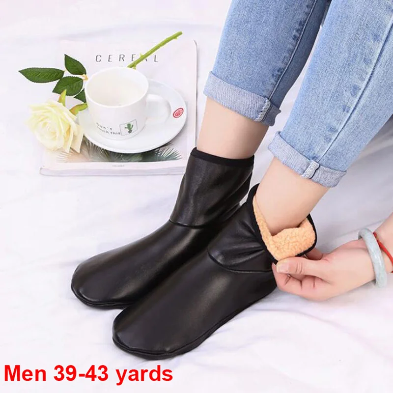 Chinelo térmico de couro unissex para homens e mulheres, meias antiderrapantes, macio, interior, casa, quente, inverno