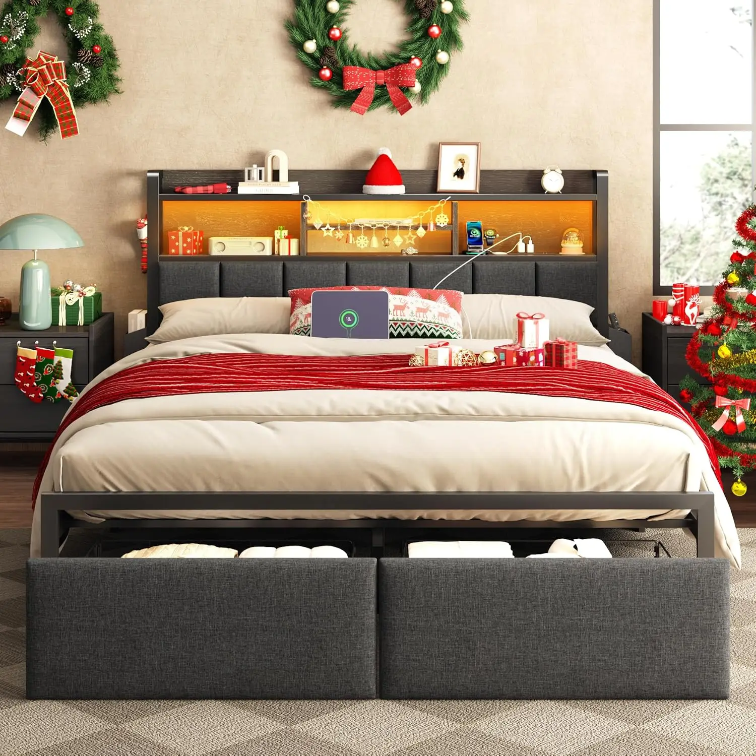 

Full Size Bed Frame with Upholstered Headboard, Bed Frame Full with Storage Drawers, Charging Station & LED Lights, Met