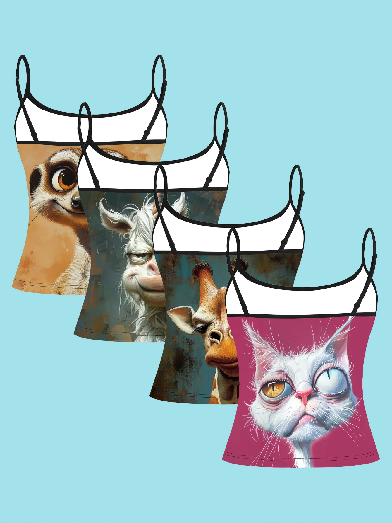 4-Piece Set of Quirky Cartoon Animal Portrait Print Camisoles, Vintage Oil Painting Style Illustrations of Meerkats, Lambs, Giraffes, and Cats, Fun Illustrations for Women, Slim-Fit Spaghetti Strap Sleeveless Tops for Outerwear or Layering
