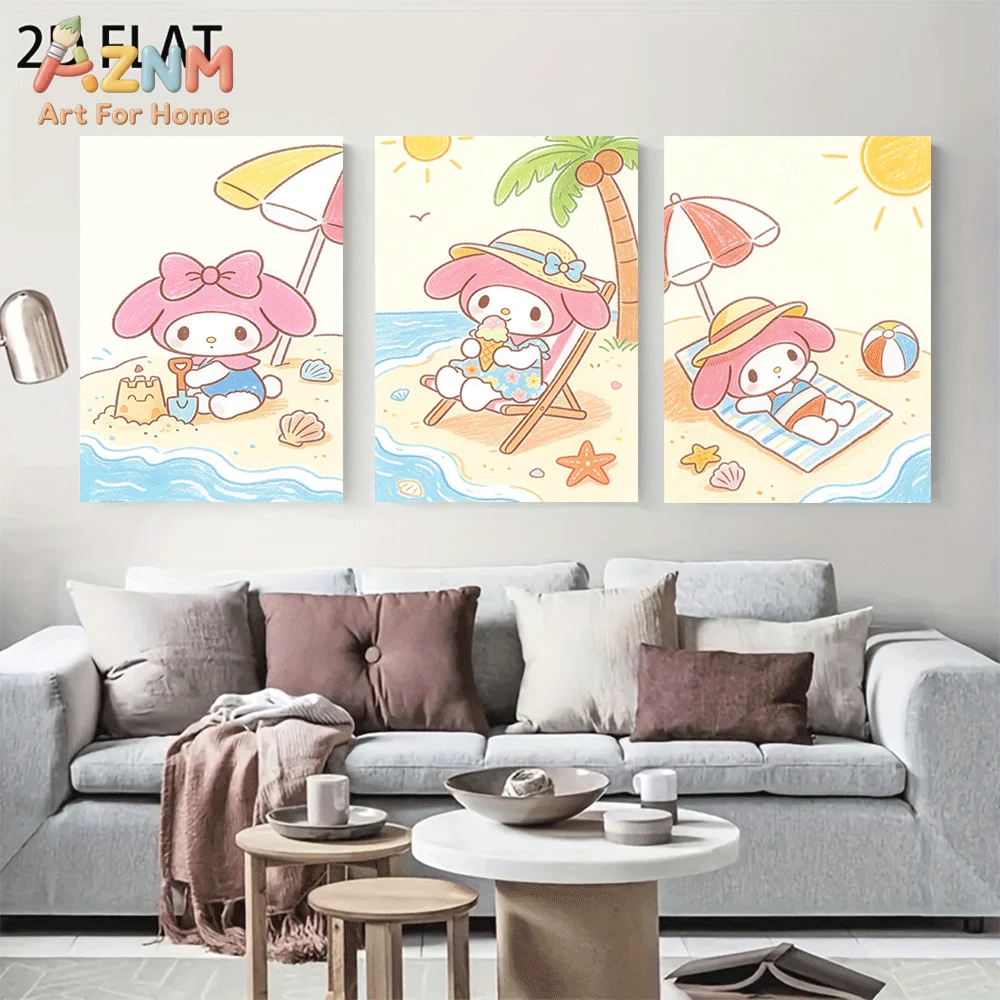 AZNM My Melody Canvas Wall Art Unframed Cute Cartoon Print Poster Beach Sun Umbrella Coconut Tree Ice Cream Seashell Pastel Styl