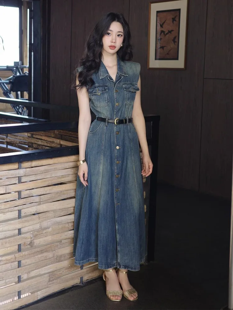 

Hong Kong Sle Collar Svel Vest Denim Dr with Belt Women's Summer New Waist Cinching Long Skirt Soft Cotton