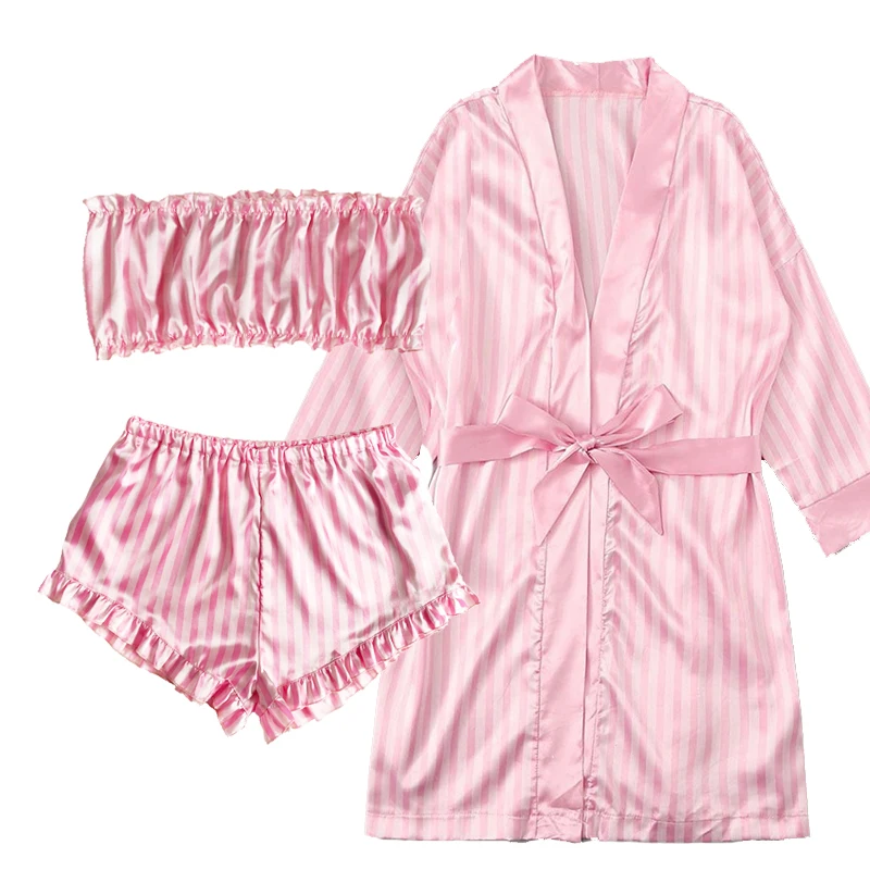 3PCS Women Pajama Suit Robe Fashion V-Neck Stretch Satin Silk Lace Sexy Lingerie Bowknot Pyjamas Sleep Shorts Set Sleepwear