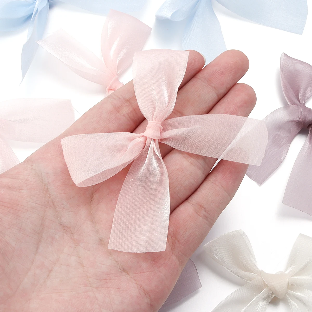 5Pcs/Lot 7 * 8cm Organza Satin Ribbon Bows Handmade Silk Ribbon Bow For DIY Sewing Crafts Handwork Gift Party Wedding Decor