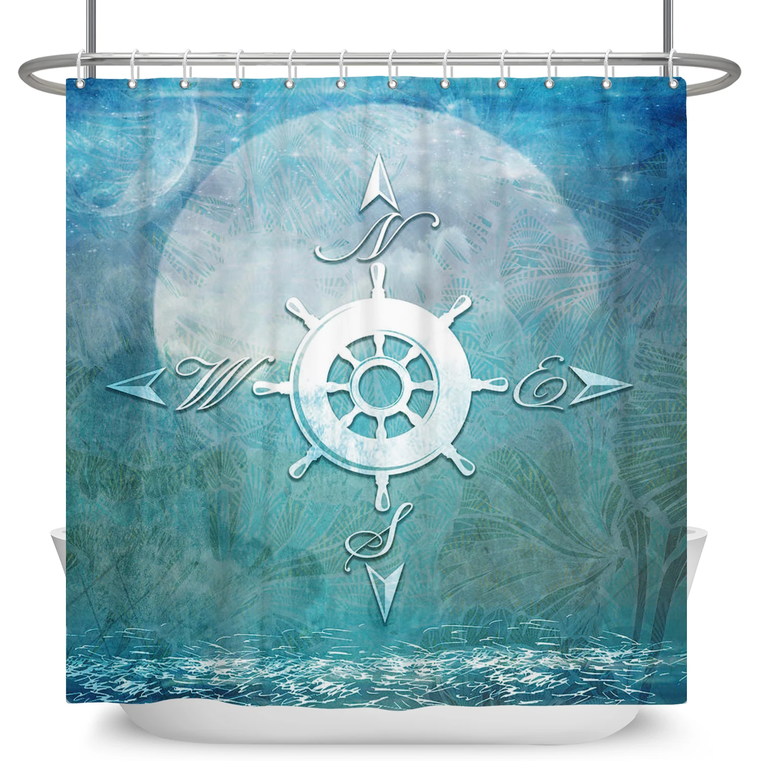 Nautical Shower Curtain 3D Blue Ocean Sailboat Lighthouse Anchor Fabric Shower Curtain Decorative With Hooks Waterproof Washable