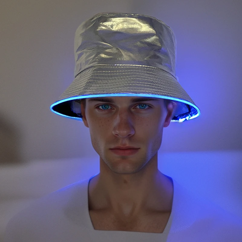 2024 Silver Patent Leather Bucket Hat With LED Light Unisex Cool Fisherman Hat Solid Color Panama Cap Glow Party Supplies