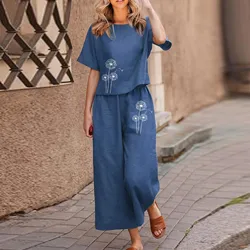 Women Vintage Cotton Linen Printed Two Piece Suits Ladies Casual Short Sleeve Blouse Loose Cropped Wide Leg Trousers Suits