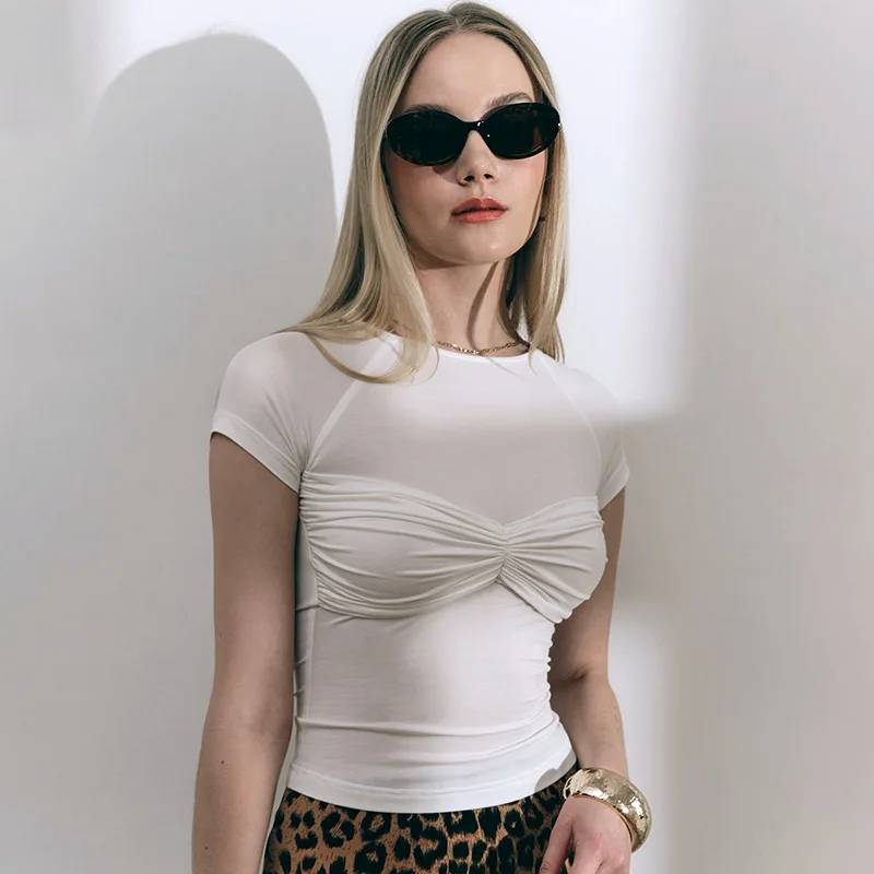 

white t-shirt women clothing summer solid color round neck sexy pleated short sleeved crop tops t shirts streetwear kpop