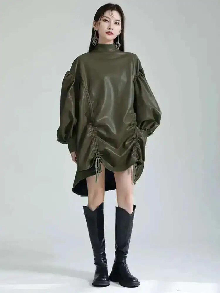 

Women Green Pu Leather Drawstring Big Size T-shirt New Turtleneck Long Sleeve Fashion Tide Spring Autumn
