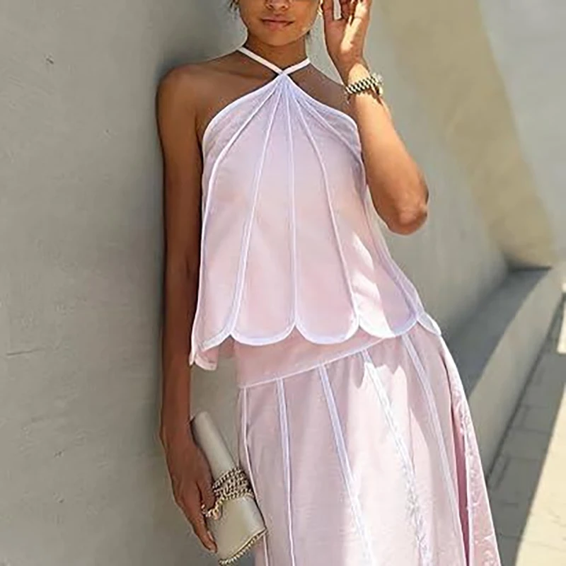 Sexy Sleeveless Halter Vest&Skirts 2 Piece Sets Elegant Backless High Waist Pleated Skirts Sets Summer Casual Color Blocked Sets