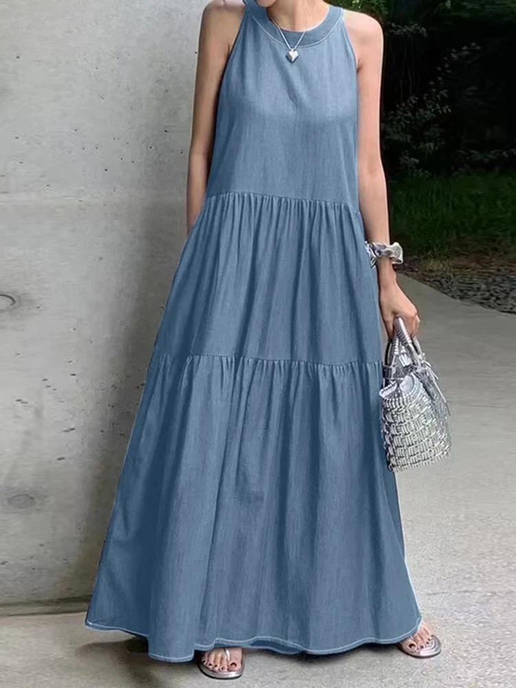 Halter sólido maxi vestidos soltos casuais sem mangas férias feminino em camadas vestido moda falso denim a linha vestidos
