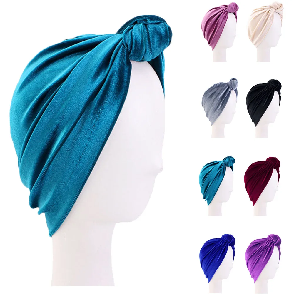 

New Women Velvet Turban Hat Soft Stretch Cross Twist Cap Muslim Head Scarf Female Chemo Caps Bonnet Hijab Wrap Hair Accessories