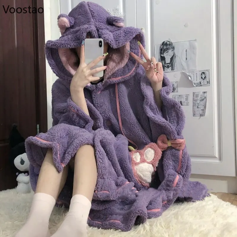 Autumn Winter Magic Cloak Pajamas Cute Cartoon Coral Fleece Robes Women Warm Nightgown Hooded Loose Sleepwear Girls Home Wear