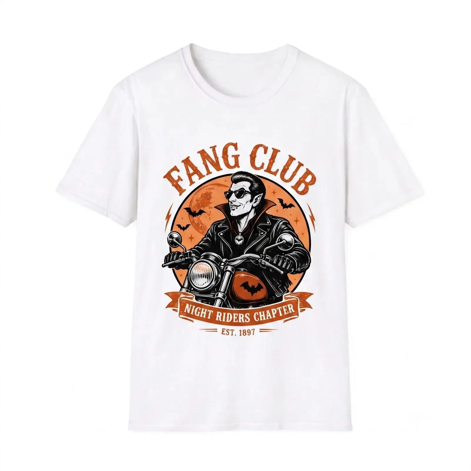 Gothic Vampire Biker T Shirt Dracula Motorcycle Halloween Fang Club vintage Washed Versatile Stylish Stretched Slightly