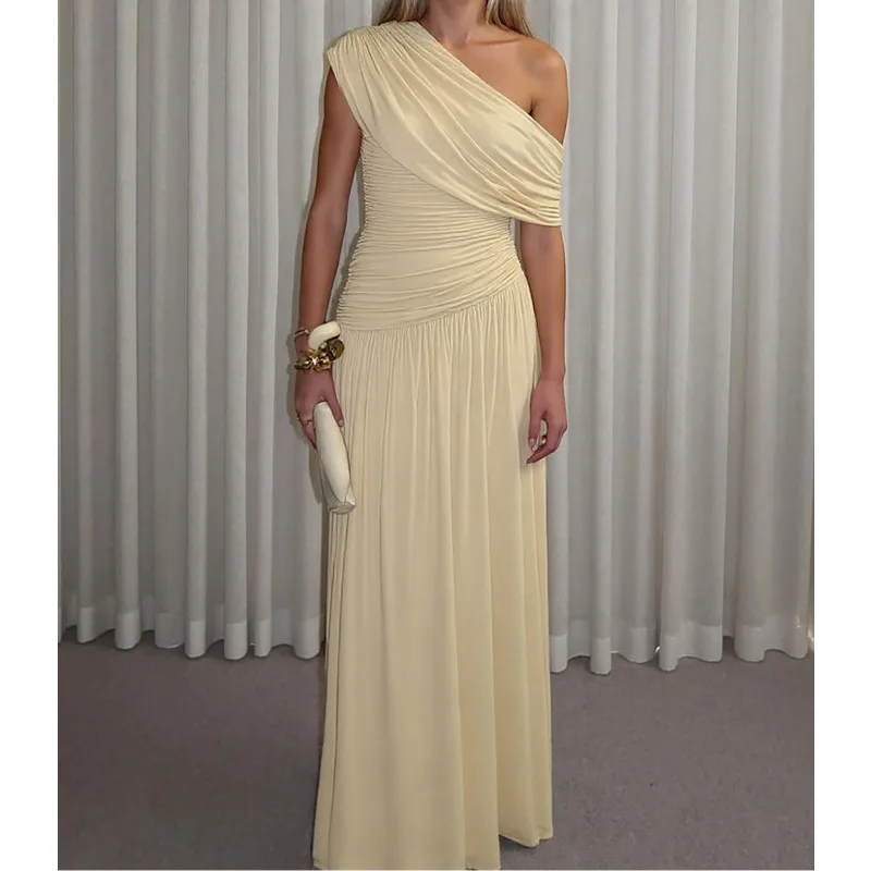 

2026 Summer New Fashion Sexy Diagonal Collar Pleated Irregular Solid Color Dress